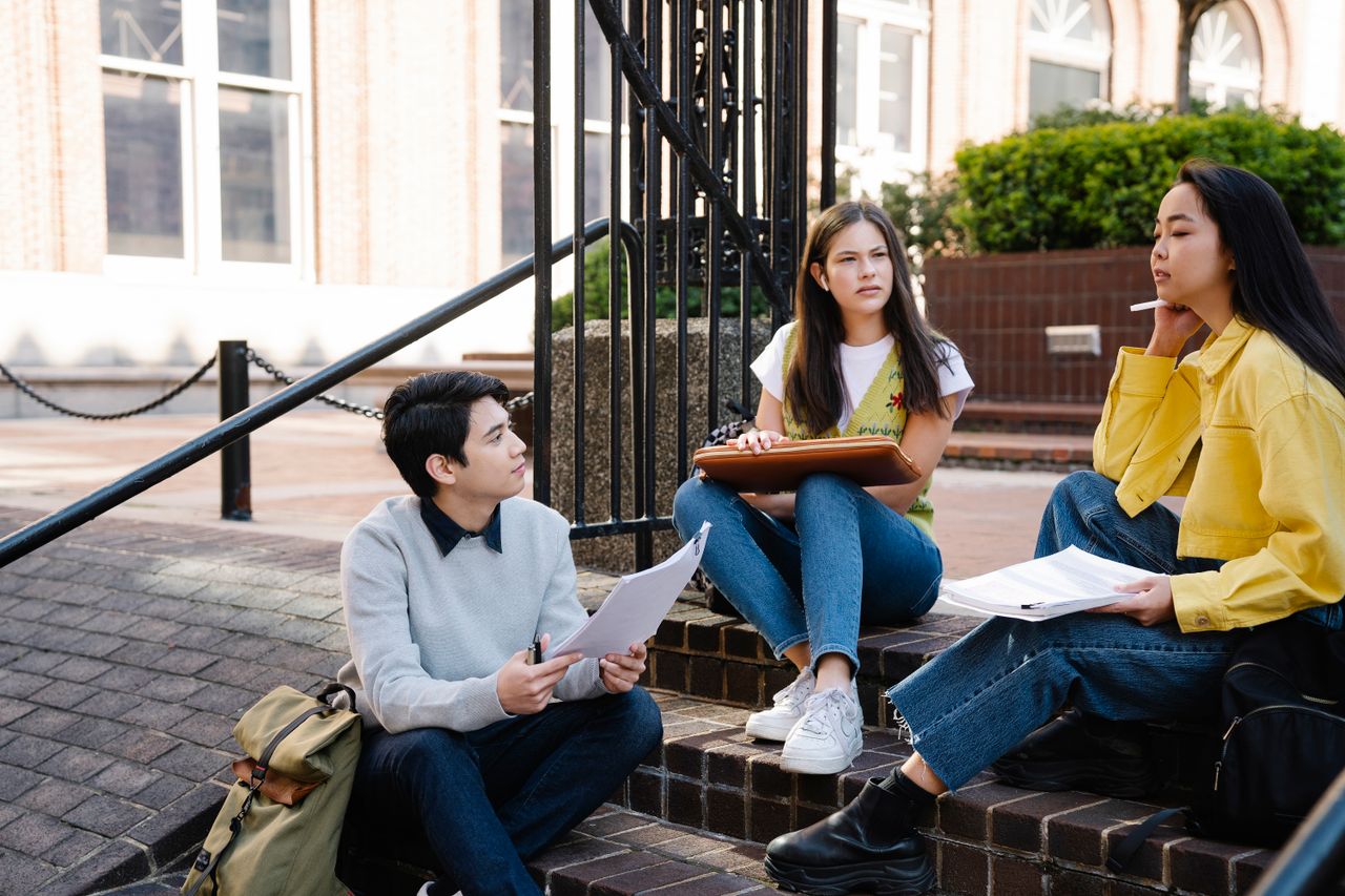project-01-c A group of young adults studying outdoors on a sunny day, engaged in discussion.
