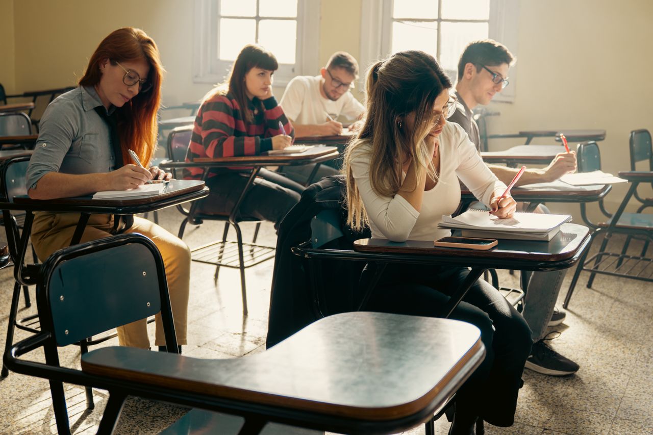 services-01 A diverse group of university students focuses on their studies in a sunlit classroom setting.