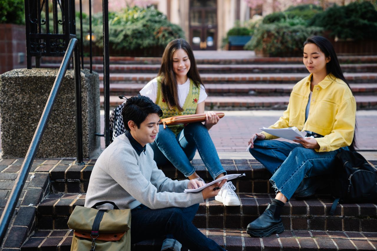 gallery-04 Group of students studying outdoors on college campus steps, enjoying sunny day.